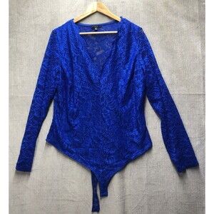IRIS Womens Bodysuit Size 3X Royal Blue V Neck Lace Snap Closure